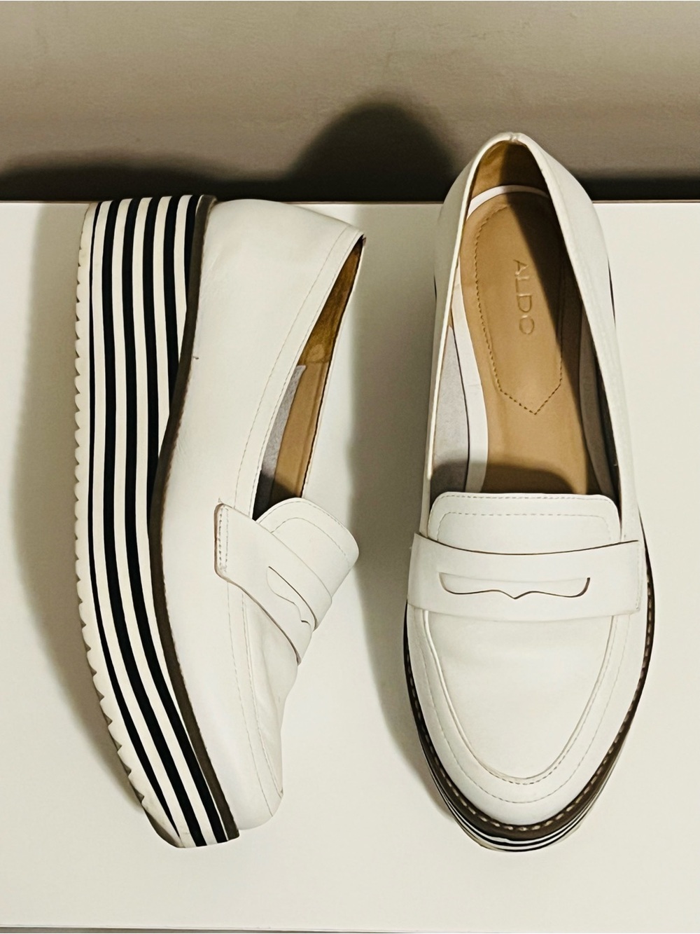 Aldo White Leather Platform Loafers with Black Stripe Sole